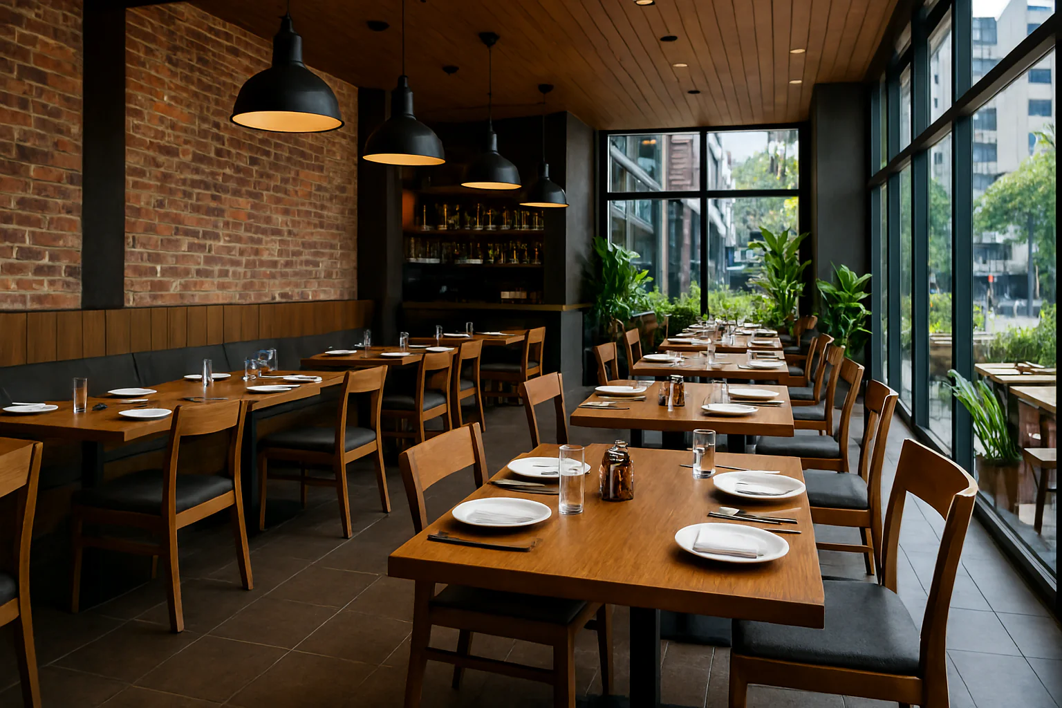 Dine in style – a modern restaurant interior blending comfort, elegance, and natural light.